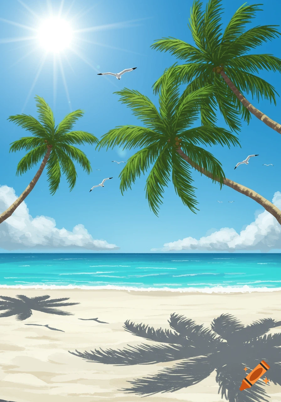 Illustration of a sunny tropical beach with palm trees, white sand, turquoise ocean, and seagulls.