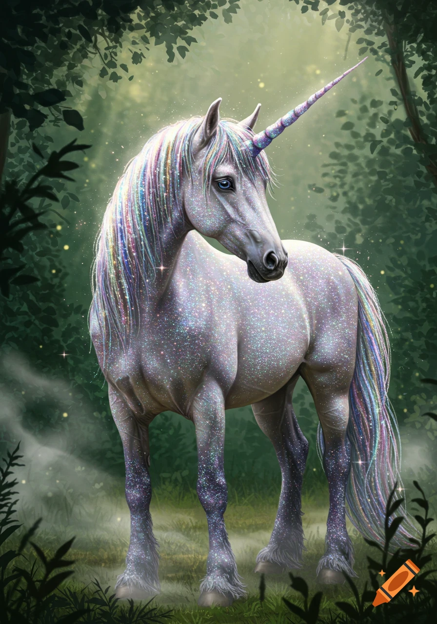 A majestic, glittery white unicorn with a rainbow mane and tail stands in a  mystical, dark green forest with sparkling light. on Craiyon, image size:896x1280