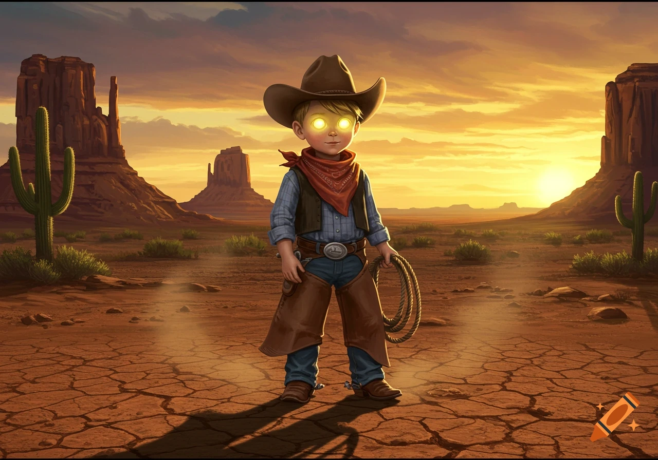 Illustration of a cowboy child with glowing yellow eyes standing in a desert landscape at sunset.