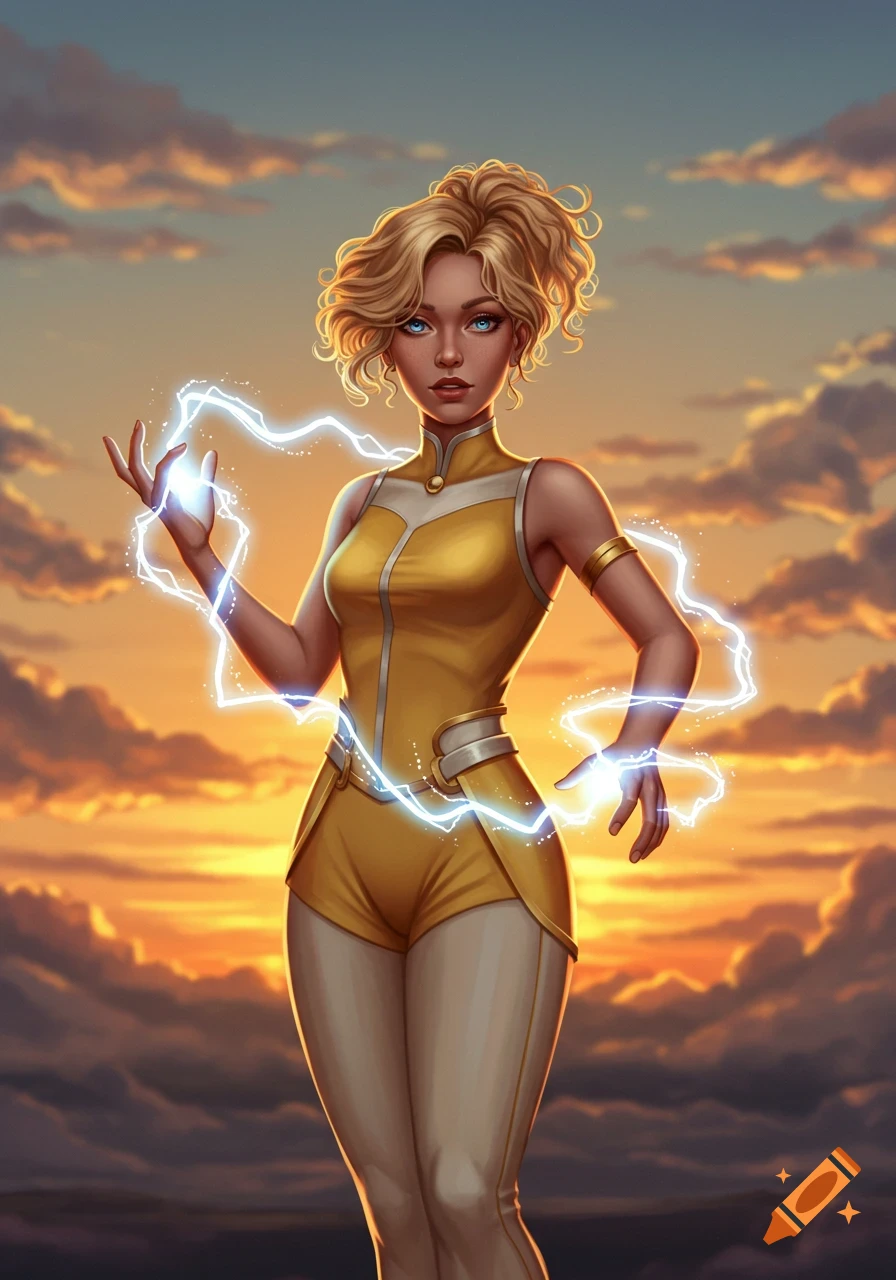 A blonde woman with curly hair and blue eyes in a yellow and white suit generates electricity against an orange sunset sky.