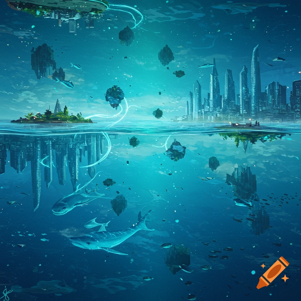 Vibrant sci-fi artwork of a futuristic mirror world: a city above water reflects an underwater city with whales and floating islands.