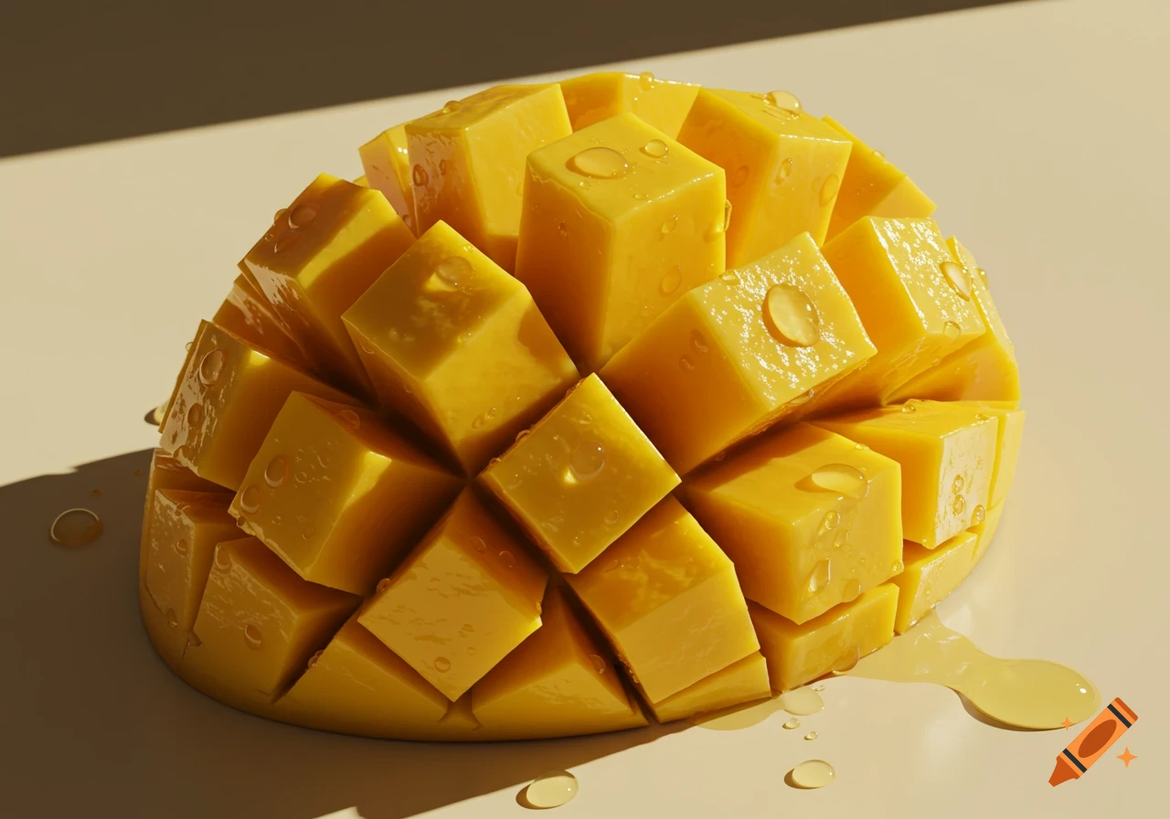 A halved mango cut into perfect cubes with glistening water droplets and juice, against a light background.
