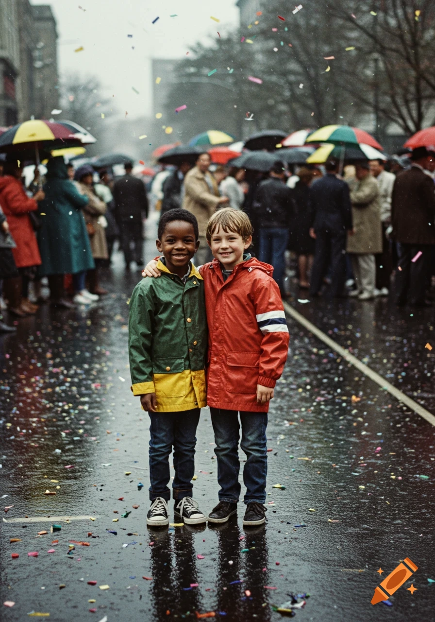 Two happy boys, one Black and one White, in raincoats stand smiling on a wet street covered in confetti during a rainy parade.