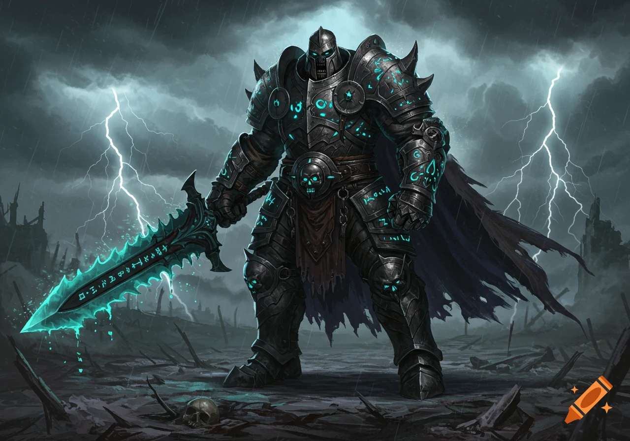 A hulking death knight in dark, spiked armor with glowing cyan runes holds a large, serrated sword under a stormy, lightning-filled sky.