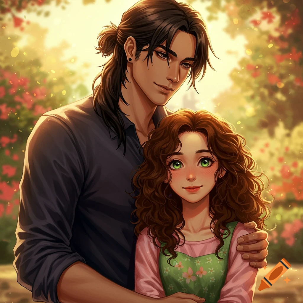 A man with long dark hair embracing a woman with curly brown hair and green eyes in a sunlit garden, digital art.