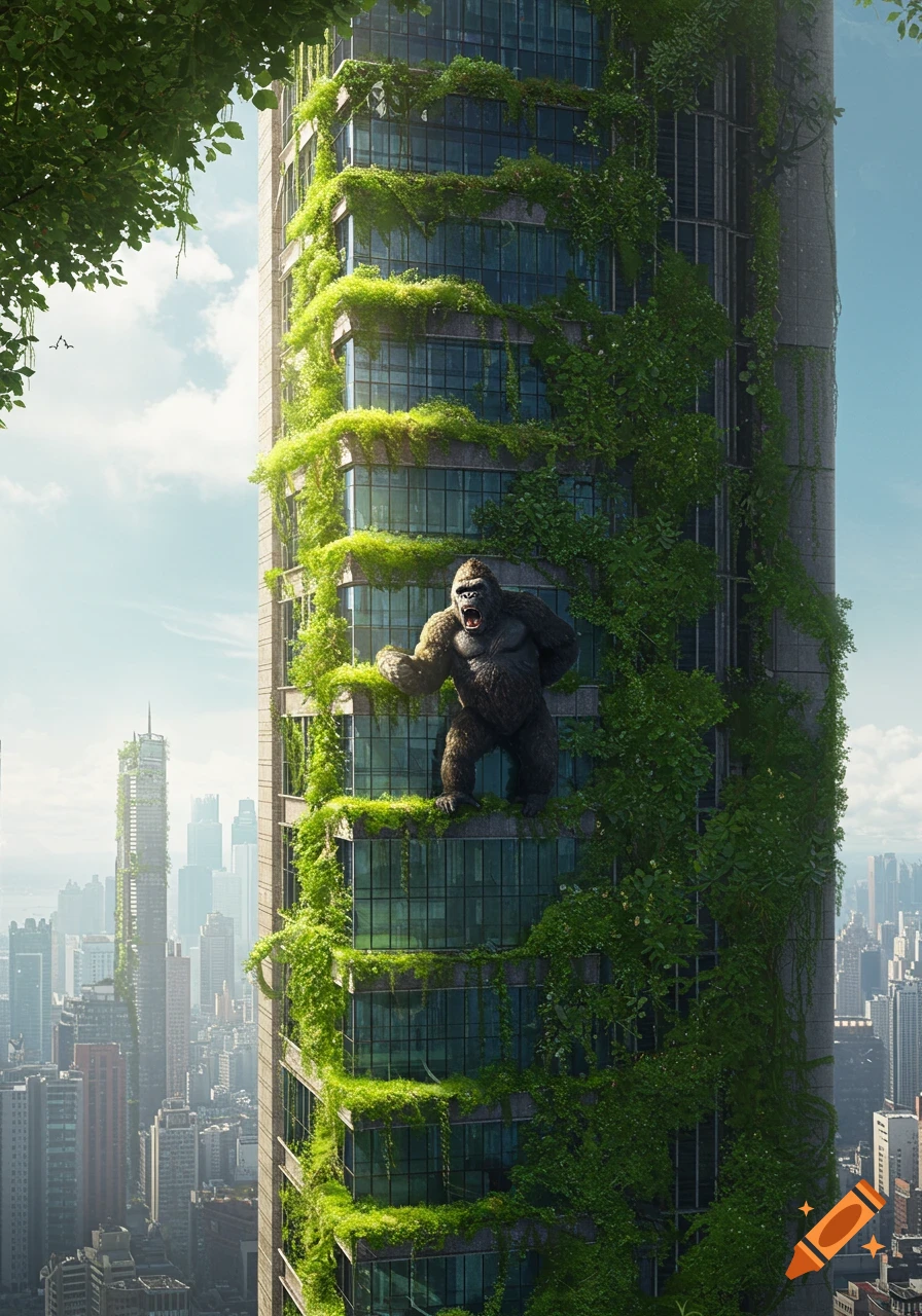 A giant gorilla roars on an ivy-covered skyscraper in a sprawling photorealistic city.