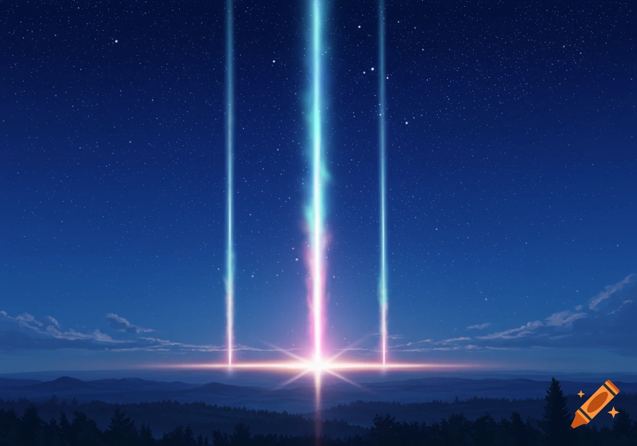 A vibrant anime-style night sky over a dark forest, with multiple glowing light beams descending towards a bright horizon.