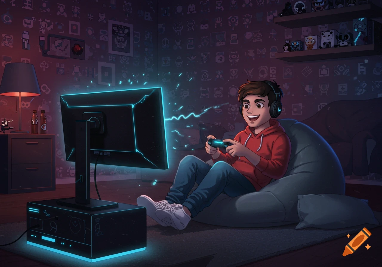 A cartoon boy with headphones sitting on a beanbag chair, smiling while playing a video game in a dimly lit, tech-themed room.