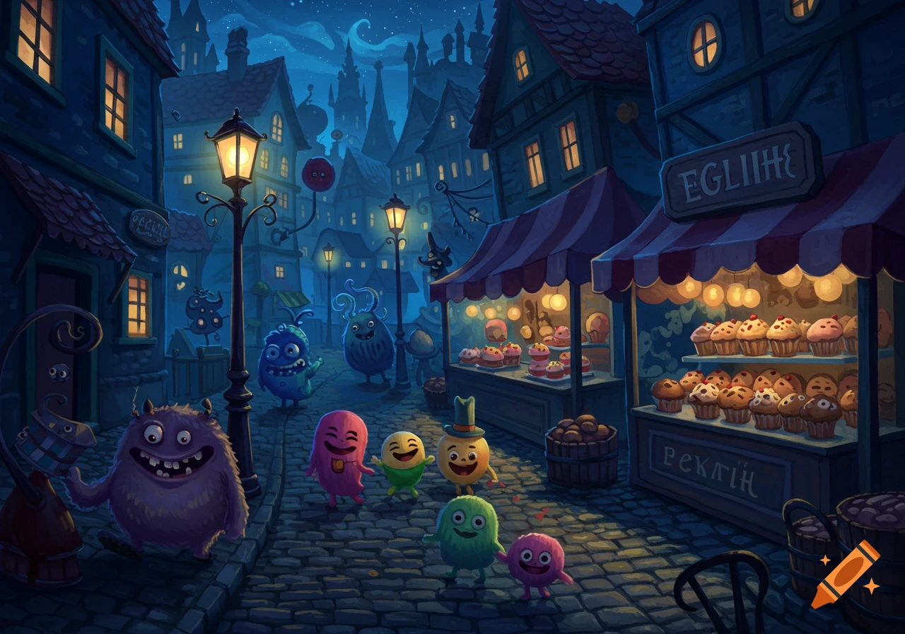 Colorful cartoon monsters walk down a cobblestone street in a whimsical, lamp-lit town at night, past market stalls selling muffins.