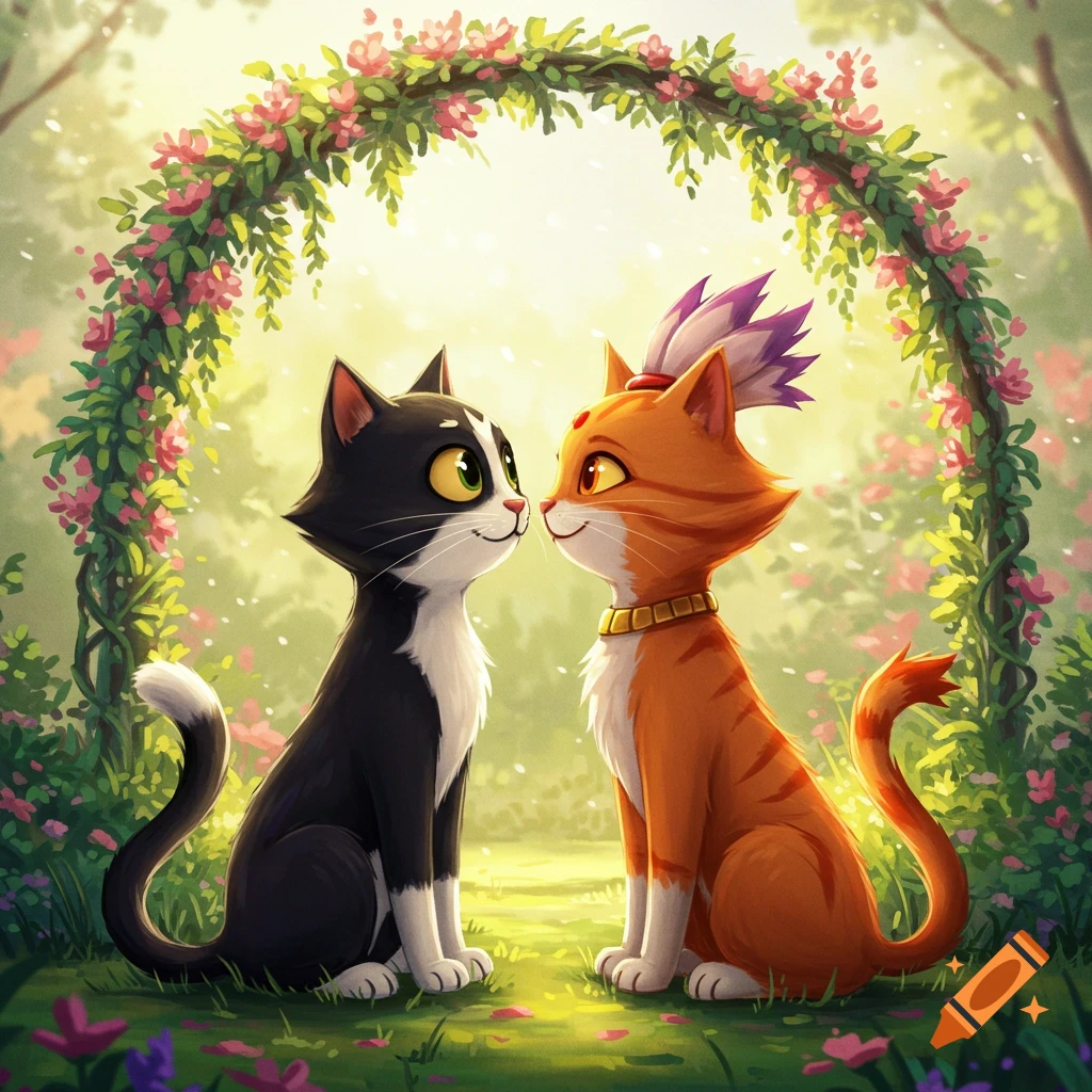 Two cartoon cats, one black and white, one orange tabby, nose-to-nose under a floral arch in a bright, whimsical forest.