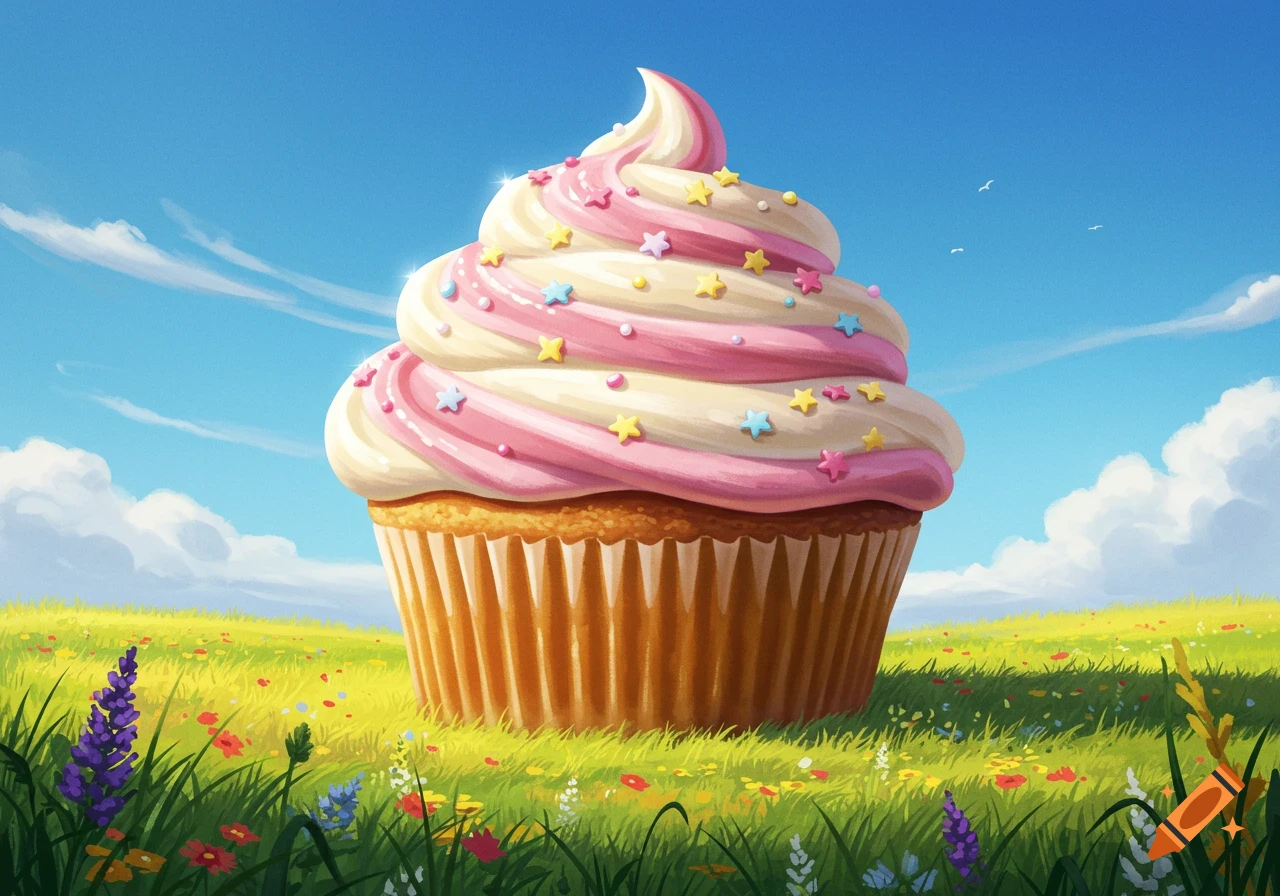 A gigantic cupcake with pink and white swirled frosting and star sprinkles sits in a vibrant green meadow under a blue sky, in an illustrative style.