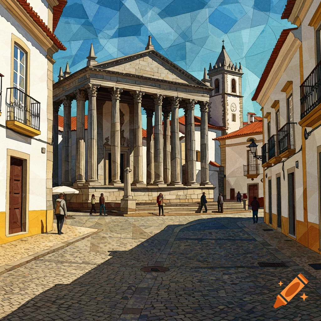 Cubist painting of a historic Portuguese city street with a Roman temple, white buildings with orange roofs, and pedestrians.