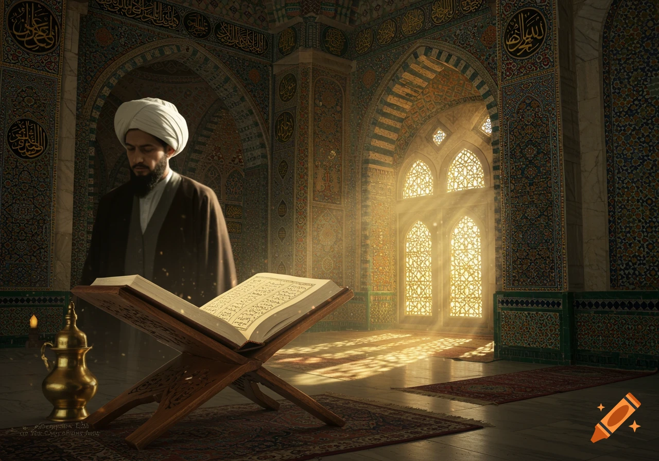 A robed man in a turban stands before an open holy book on a stand in a grand mosque, illuminated by sunlight through ornate windows. Photorealistic style.