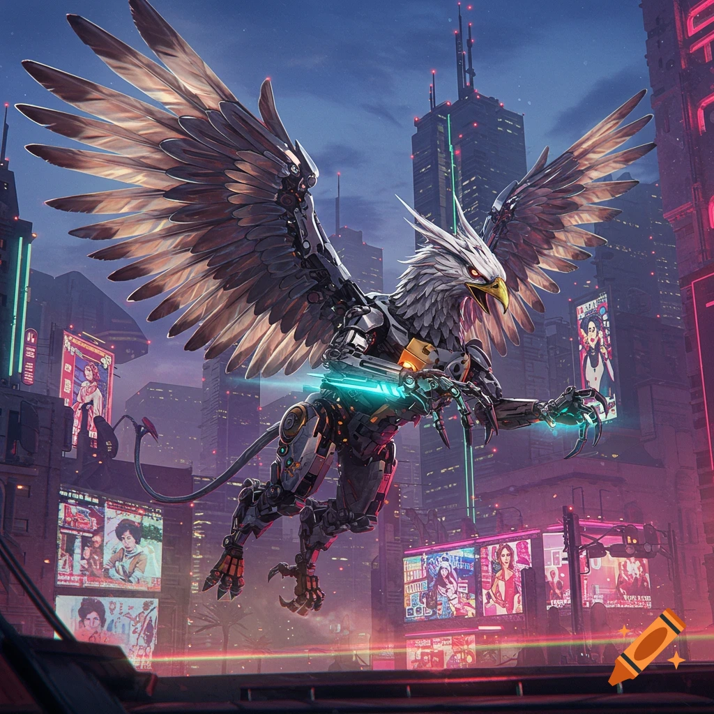 A majestic mechanical griffin with gleaming metallic feathers soars through a neon-drenched cyberpunk cityscape at night.