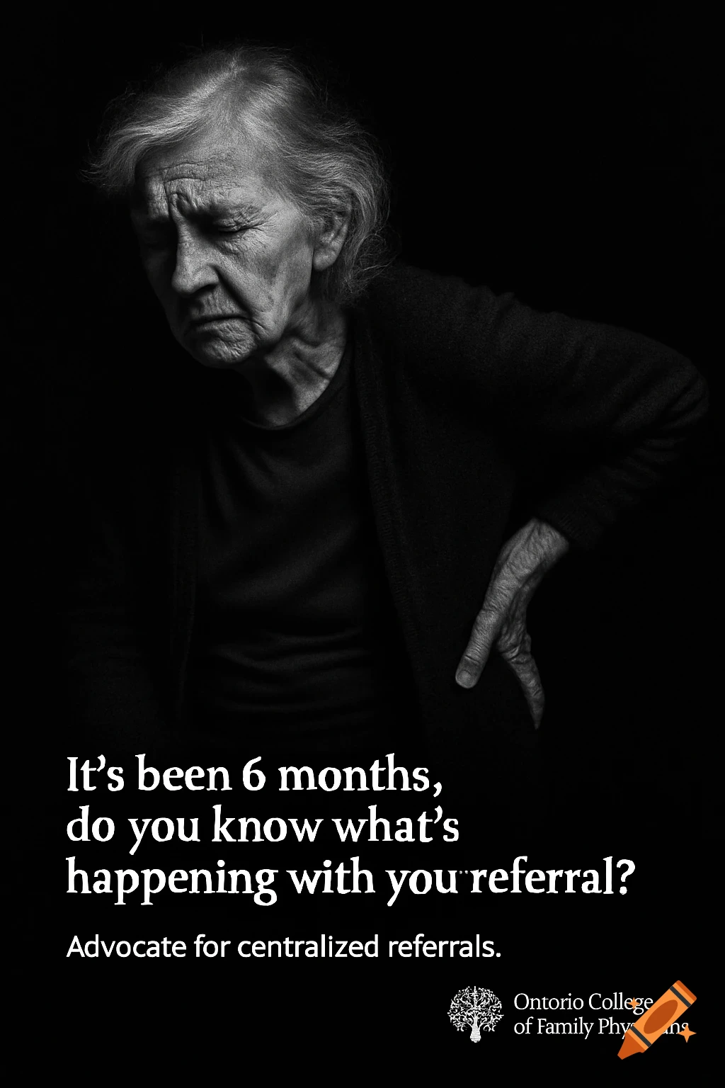 Black and white portrait of an elderly woman with grey hair, looking down in pain, with text about referral delays.