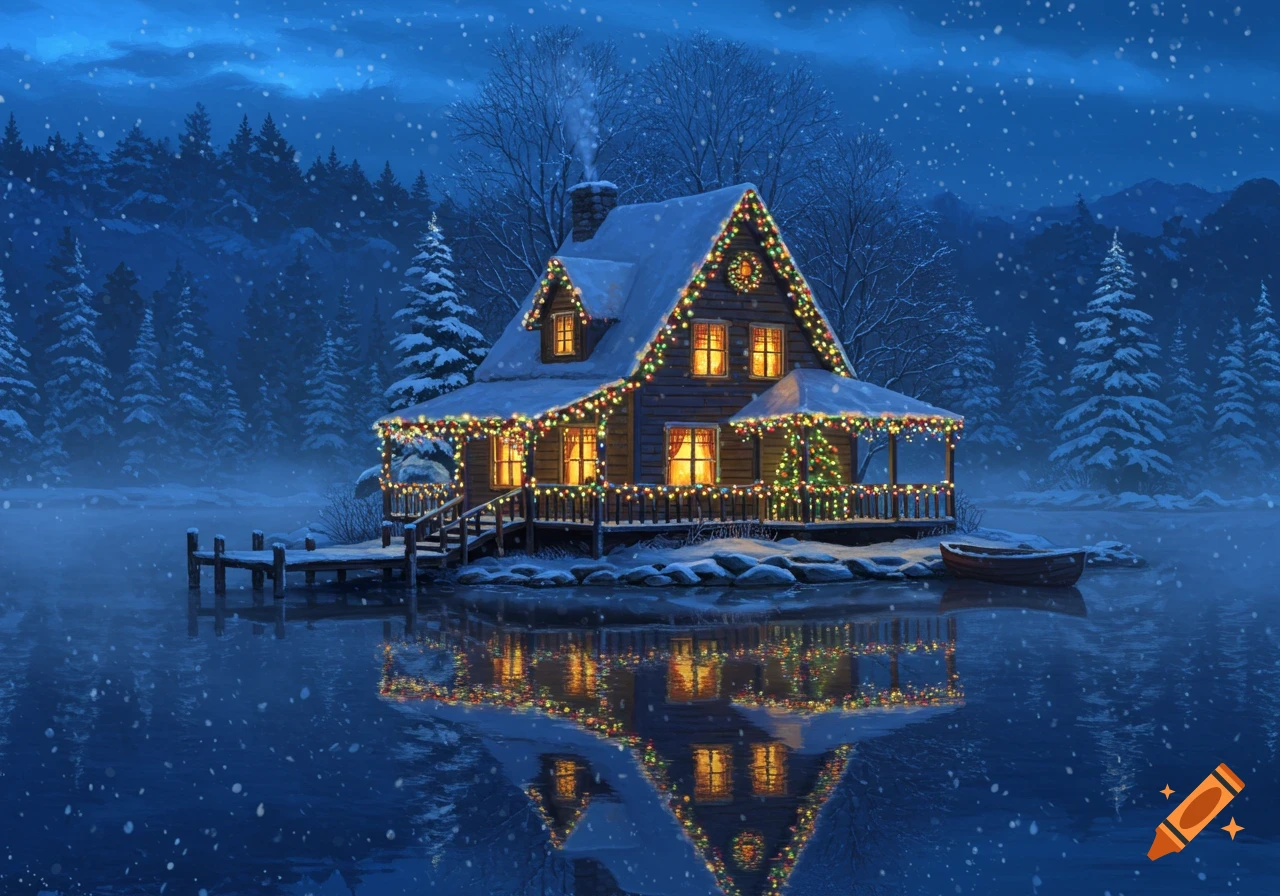 An illuminated wooden house on a snowy lake island at night, adorned with colorful Christmas lights reflected in the water as snow falls.