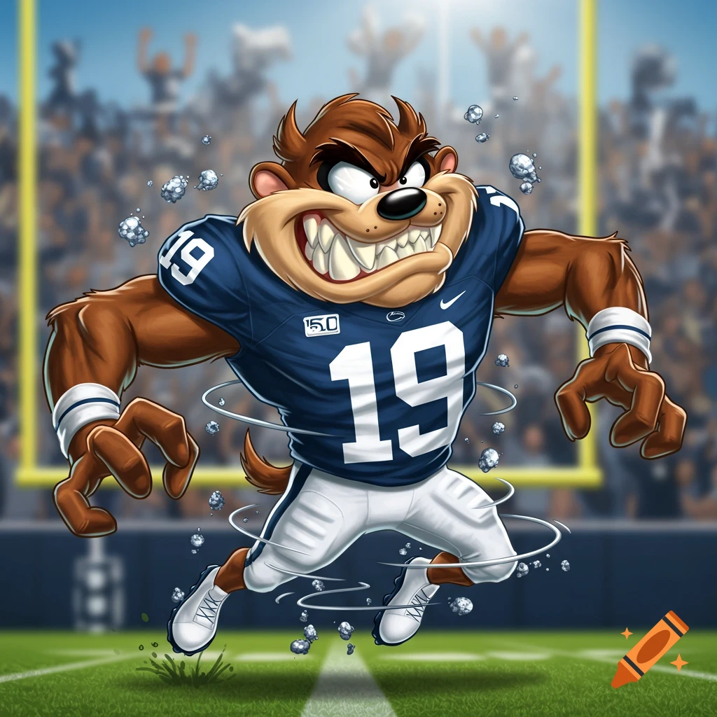 A cartoon Tasmanian Devil in a blue Penn State football uniform with number 19, running on a field with a stadium crowd behind him.