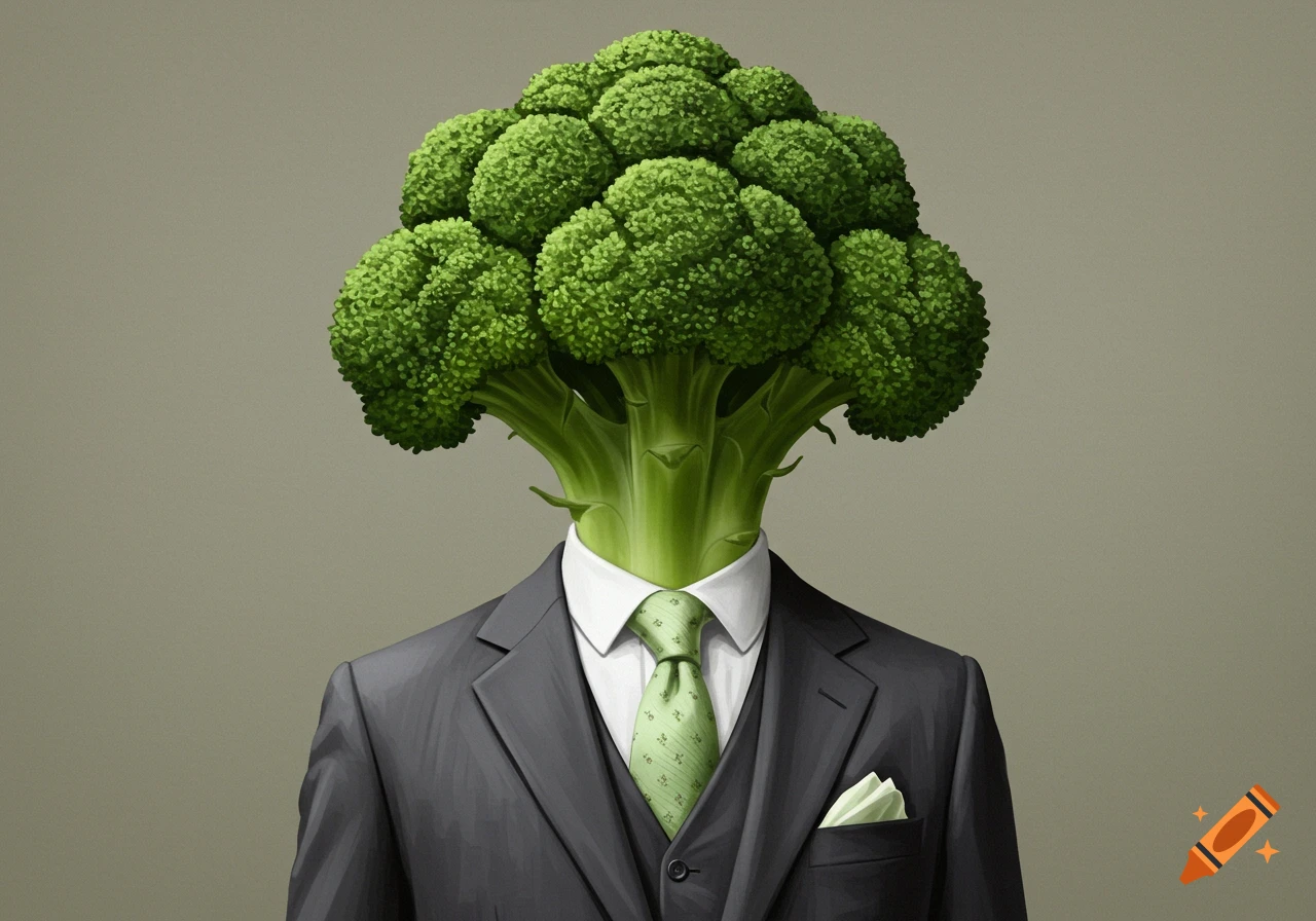 A personified broccoli head wearing a dark suit with a green tie and pocket square against a plain background.