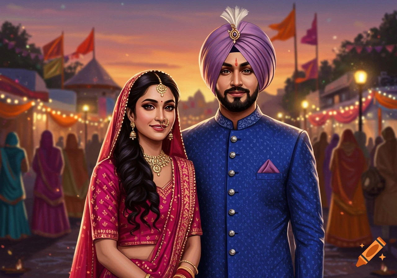 Vibrant illustration of a Punjabi couple in traditional attire, the woman in a pink saree, the man in a blue turban, at a festive event.