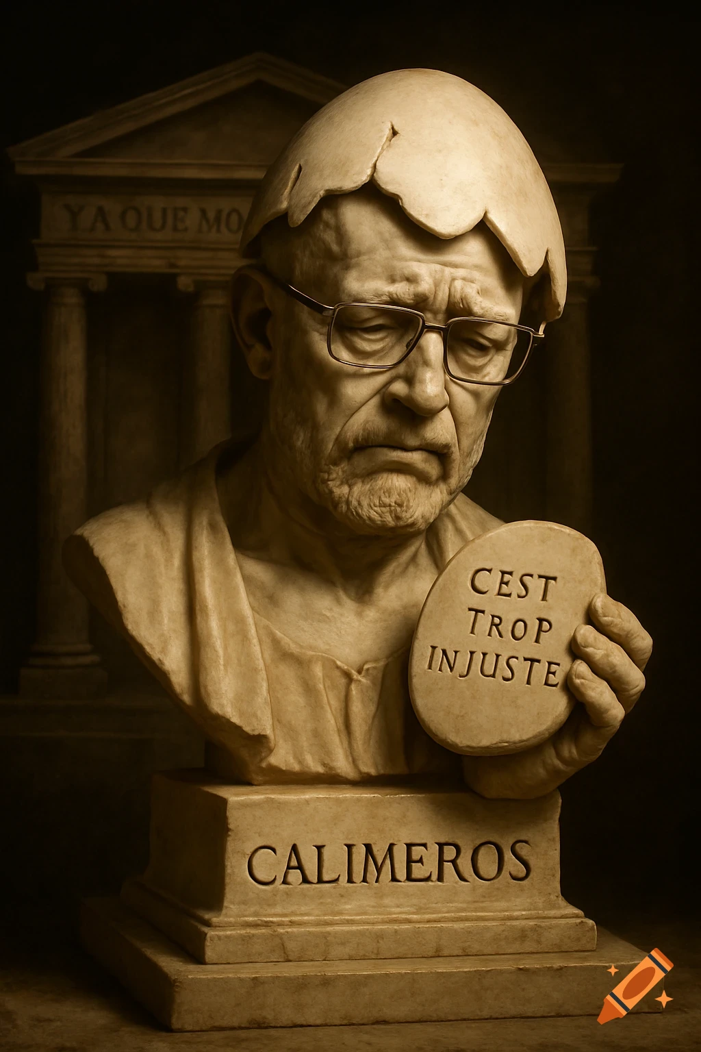 A marble bust of a sad, bespectacled old man with an eggshell helmet, holding a tablet reading "C'EST TROP INJUSTE", on a pedestal labeled "CALIMEROS".