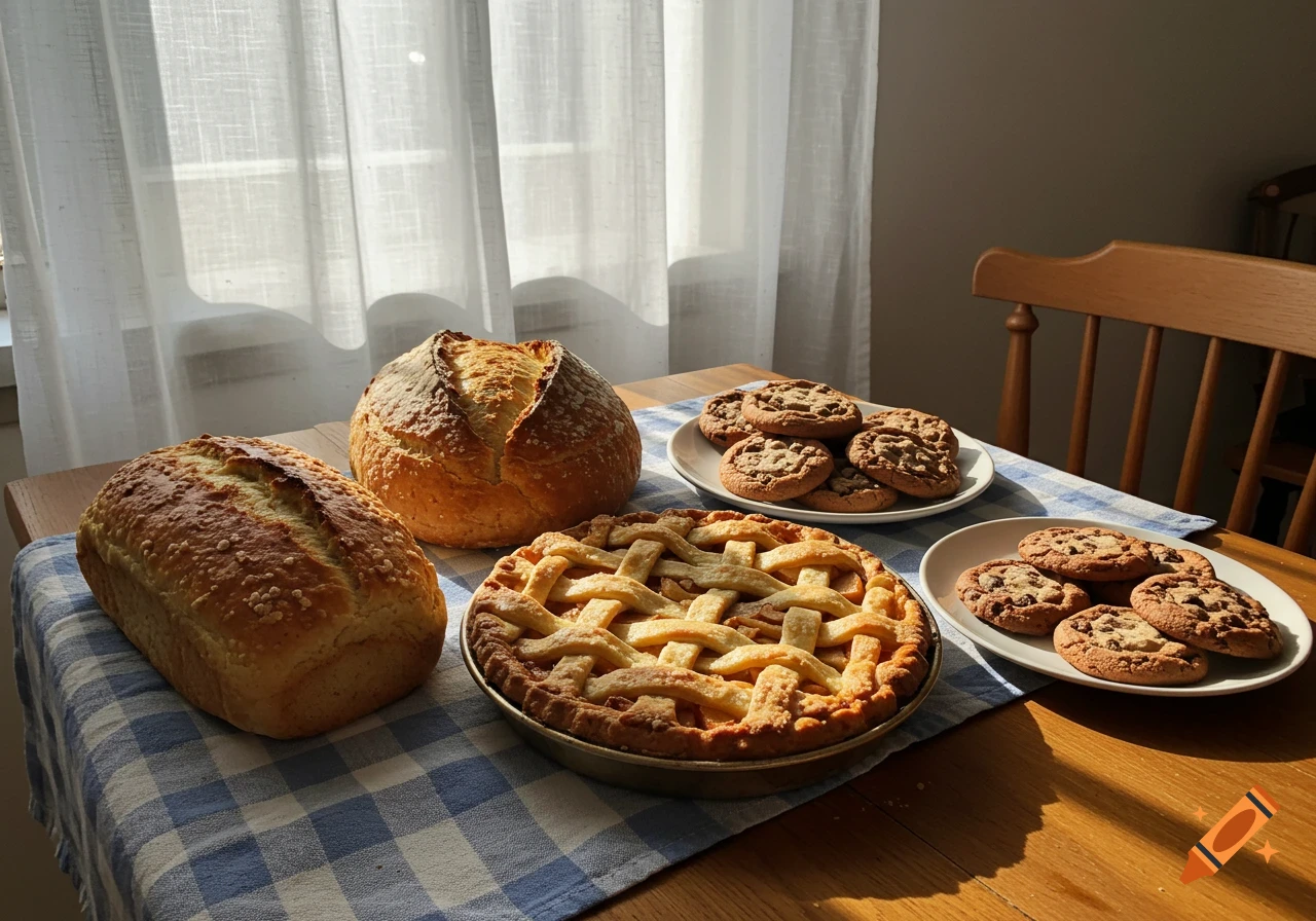 Photorealistic image of two loaves of bread, an apple pie, and two plates of cookies on a table with a checkered cloth, bathed in sunlight.