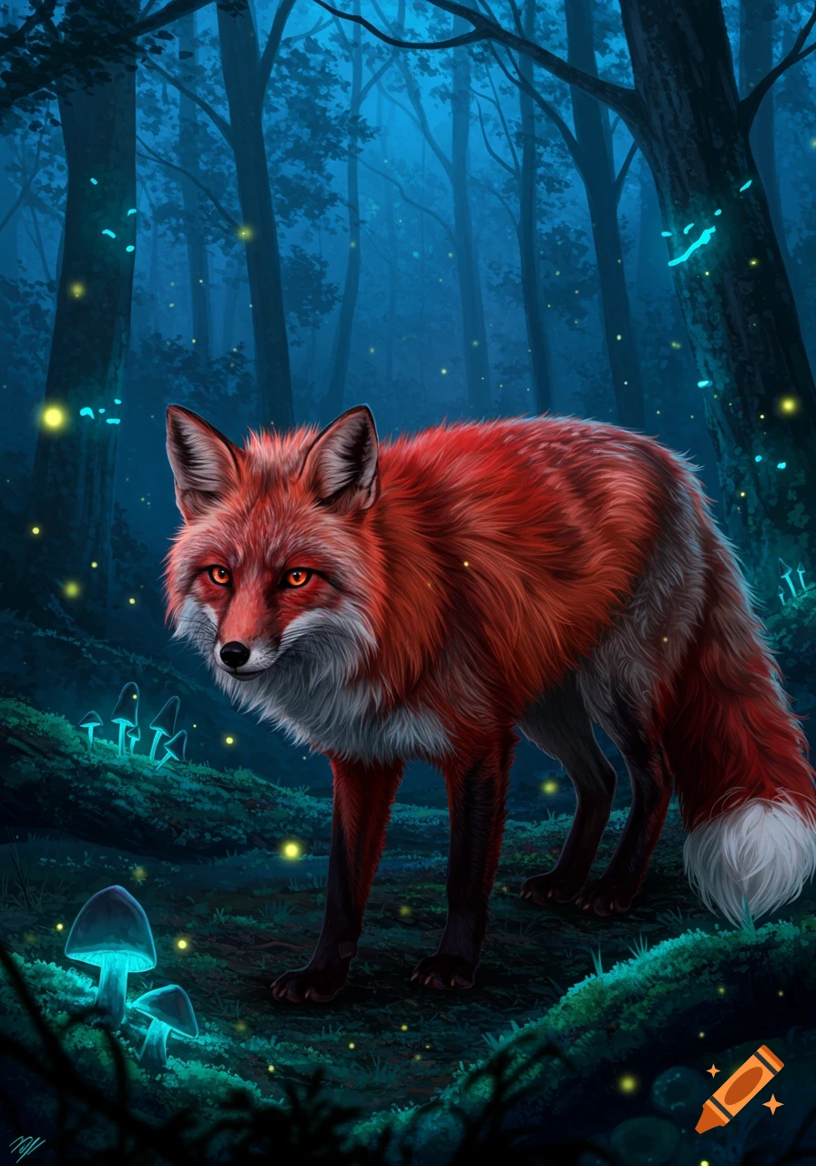 A vibrant red fox with glowing orange eyes stands in a mystical blue forest illuminated by bioluminescent mushrooms and fireflies, digital art.