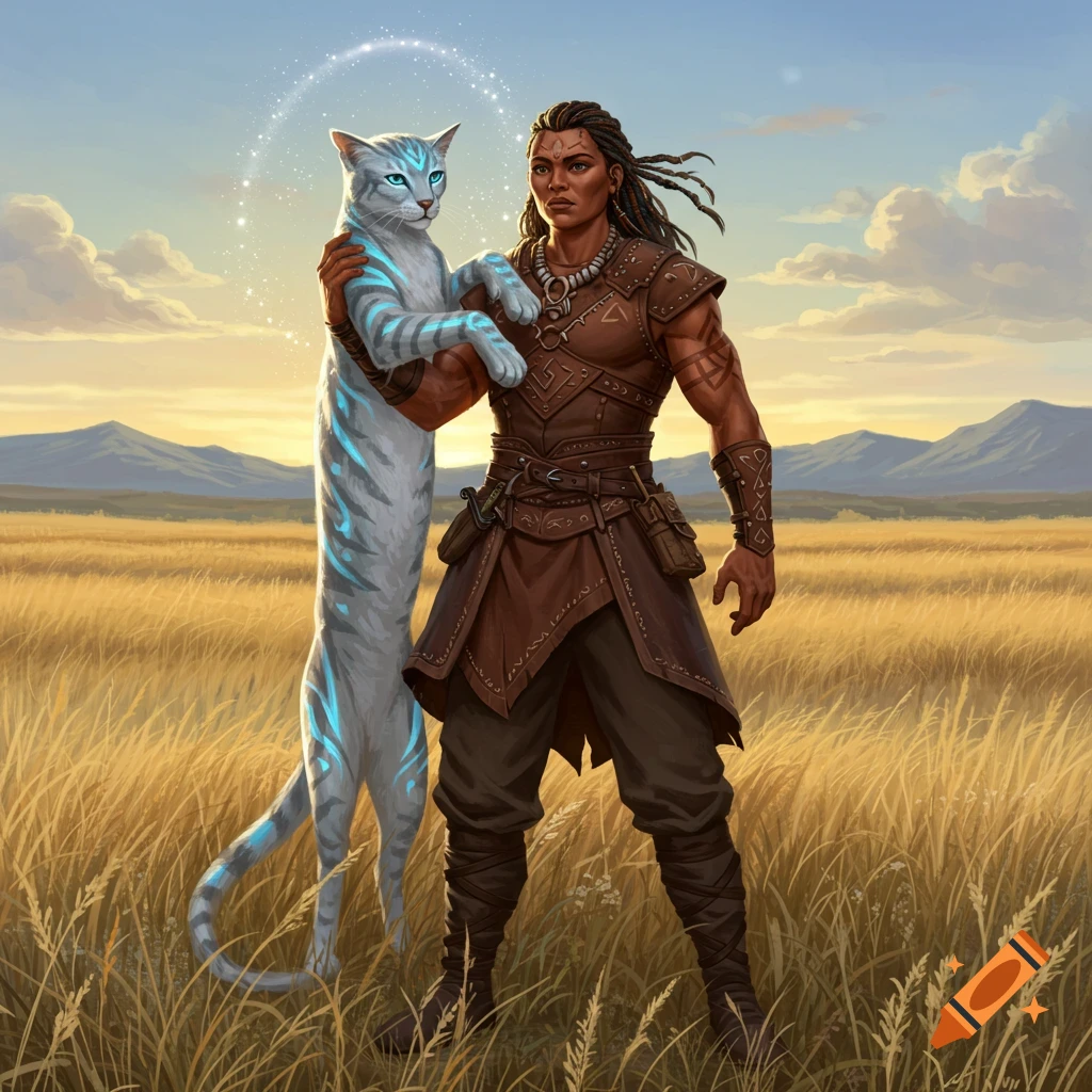 A fantasy illustration of a warrior-like man in leather armor holding a glowing white and blue striped cat in a golden field.