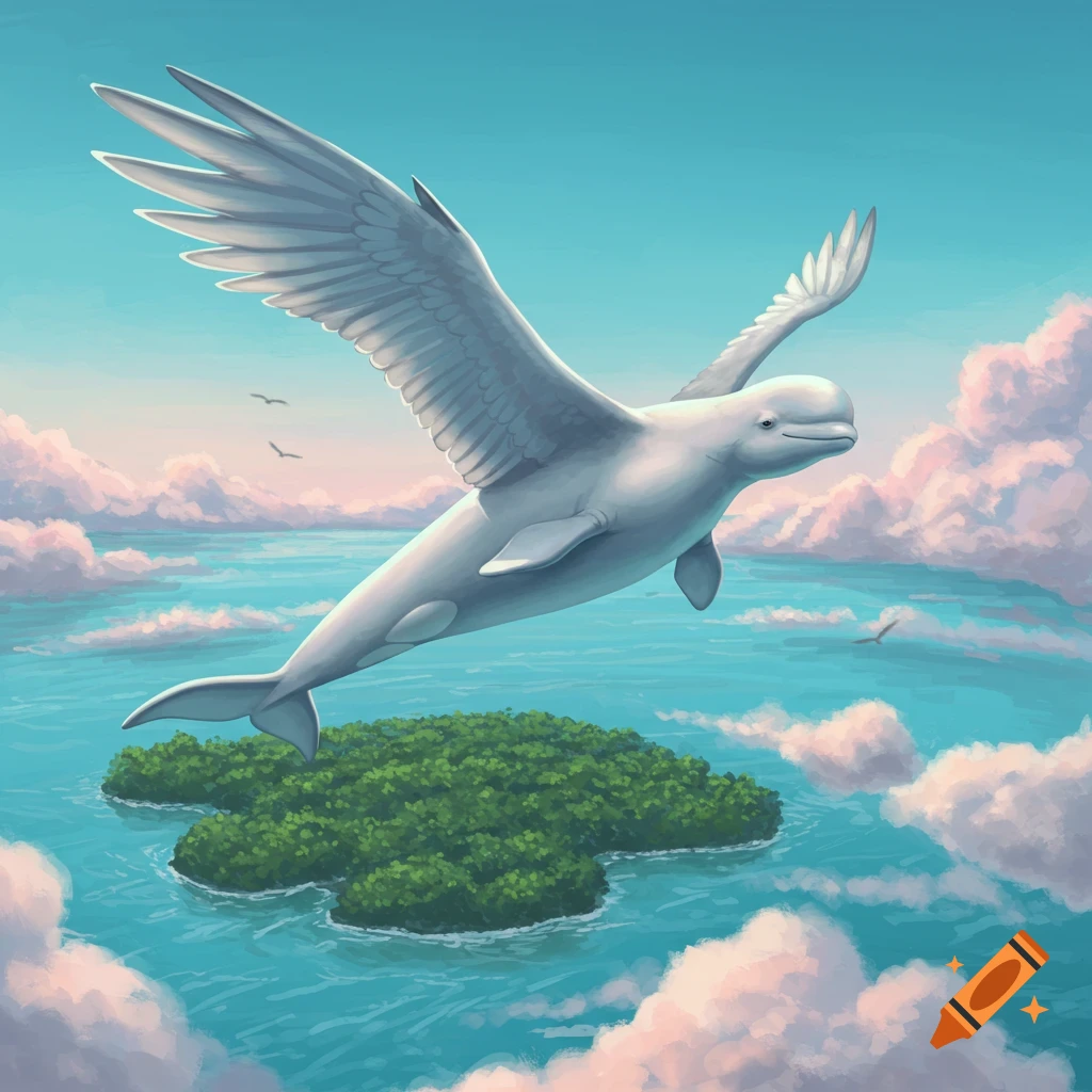 An illustrated beluga whale with wings flies over a green island in a blue ocean with pink clouds.