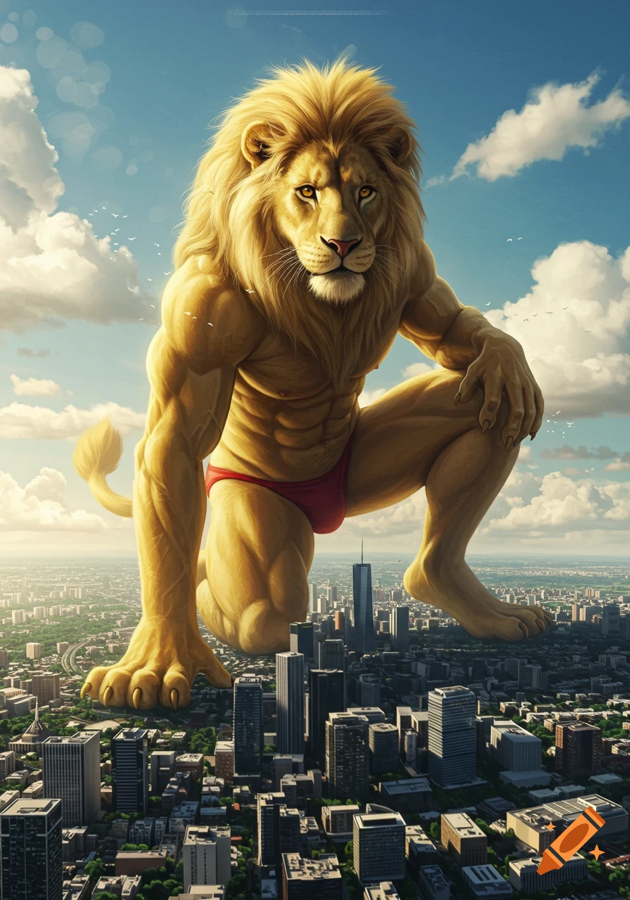 Photorealistic gigantic muscular anthropomorphic lion in a red Speedo crouches over a sprawling city.