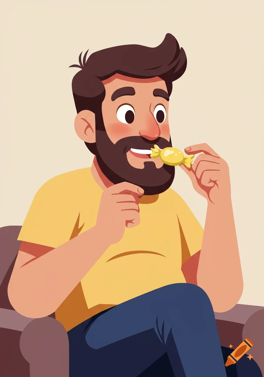 A cartoon illustration of a bearded man in a yellow shirt and blue pants, sitting and eating a yellow wrapped candy.