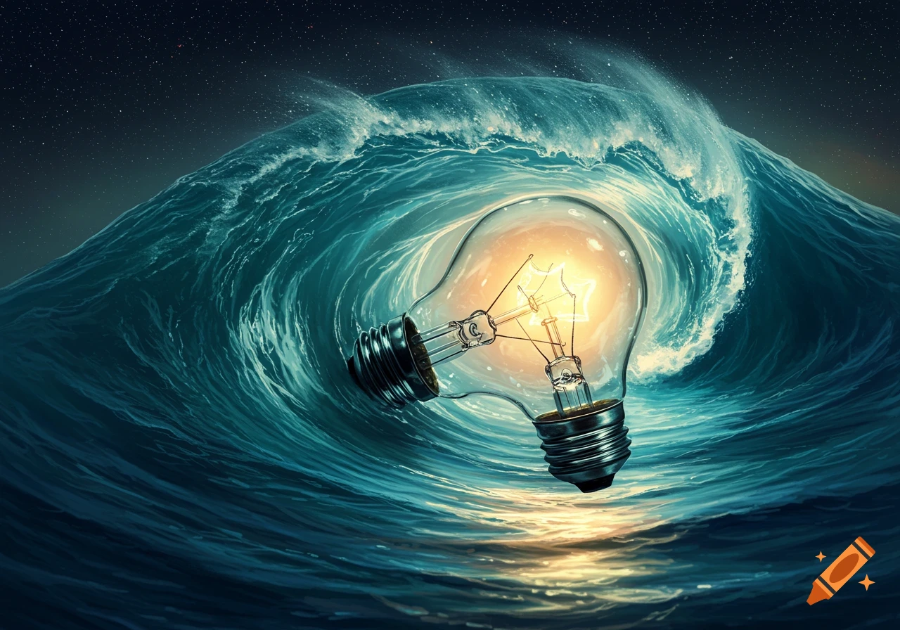 A glowing lightbulb is nestled within a powerful blue ocean wave under a dark, starry night sky in an illustrative style.
