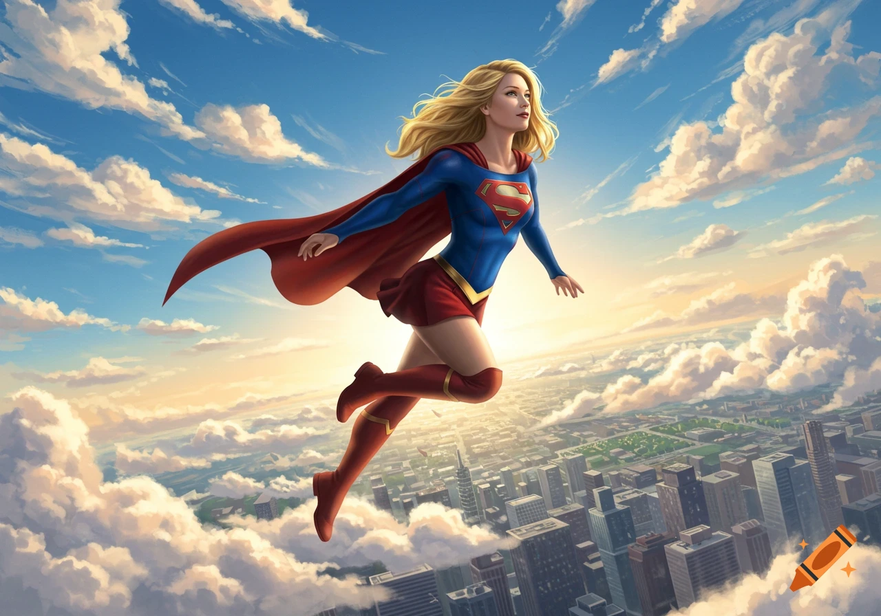 Supergirl flies high above a sprawling city, a golden sunset casting light on her heroic figure, in a comic art style.