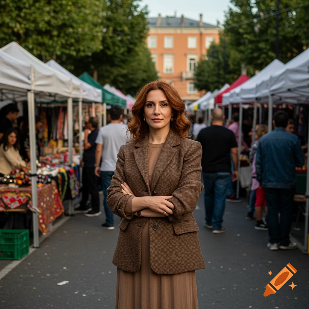 A woman with red hair, wearing a brown blazer and long dress, stands with arms crossed in a bustling outdoor market. Photorealistic.