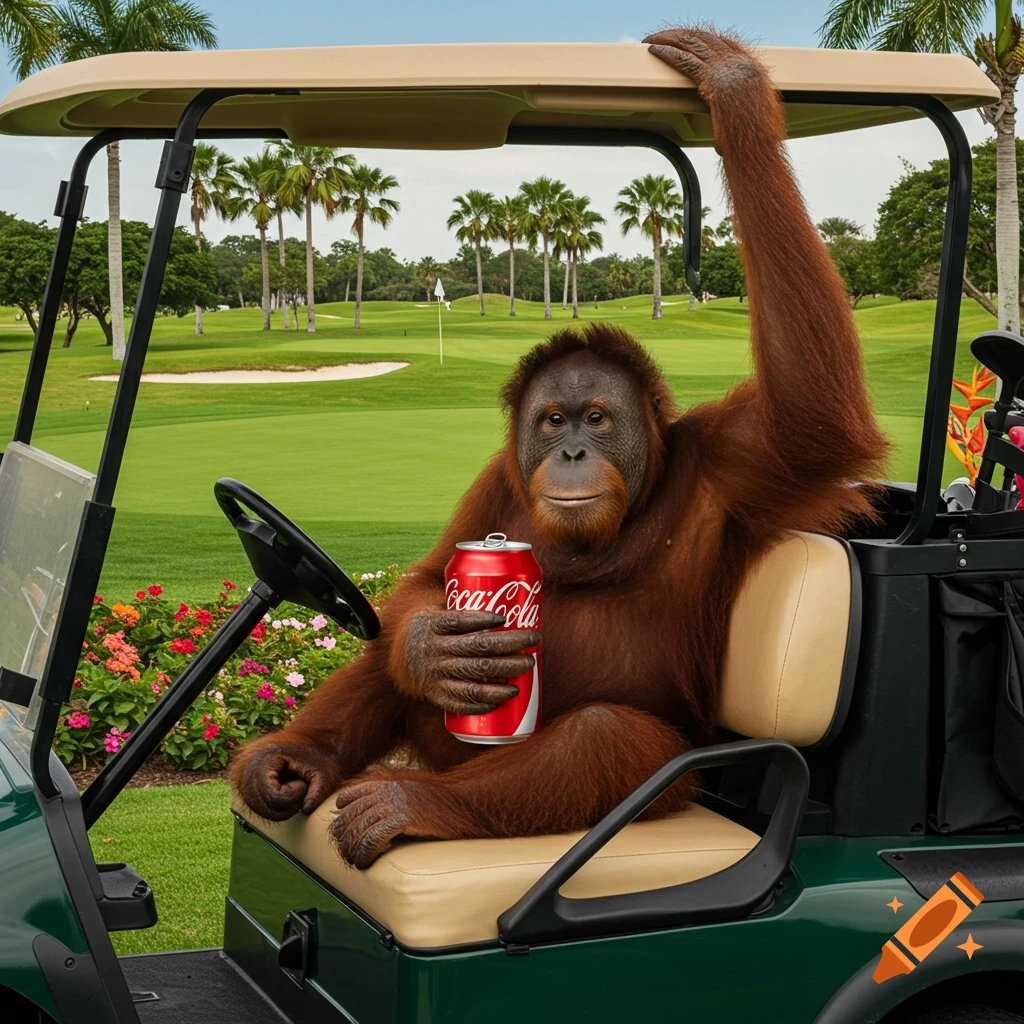 A photorealistic image of an orangutan sitting in a golf cart, holding a Coca-Cola can on a sunny golf course.