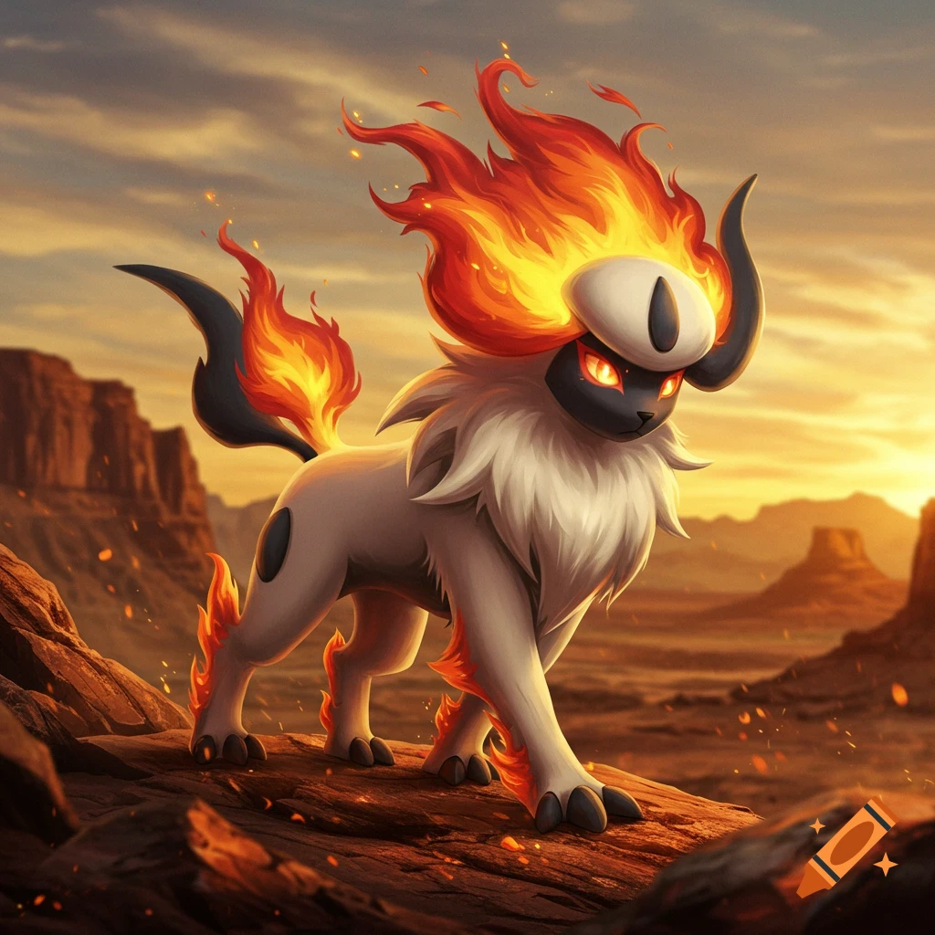 A dramatic fire type Mega Absol with fiery mane and tail walks in a desert landscape at sunset, digital illustration.