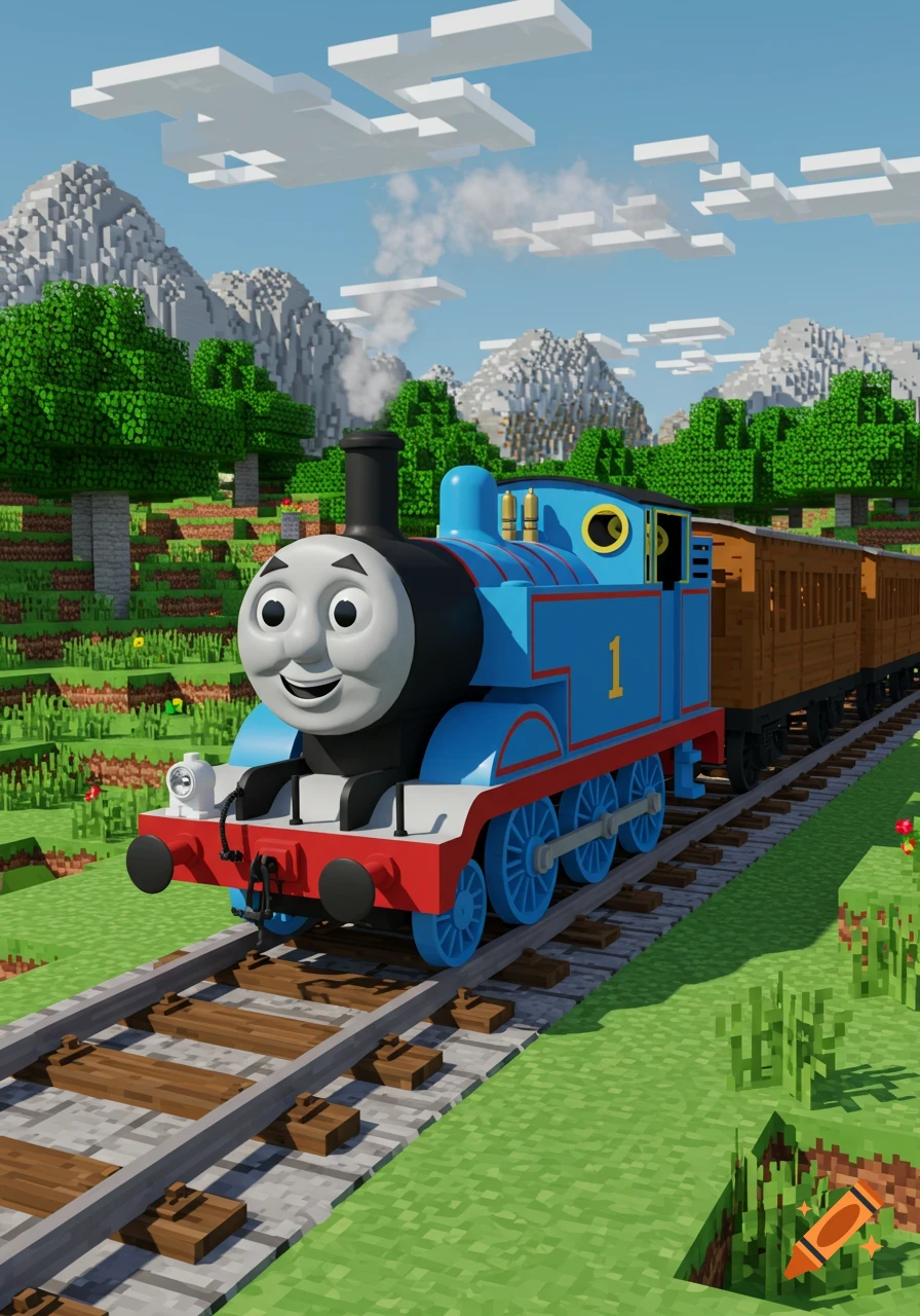 Thomas the Tank Engine, a blue train, travels on tracks through a blocky Minecraft landscape with pixelated mountains and clouds.