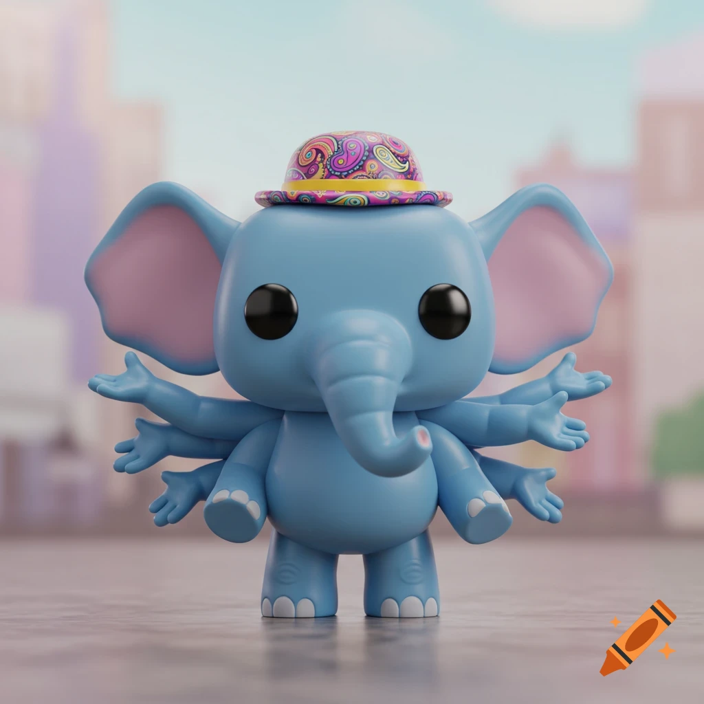 A blue elephant Funko Pop figure with 8 arms and a colorful paisley hat, standing on a reflective surface against a blurred city background.