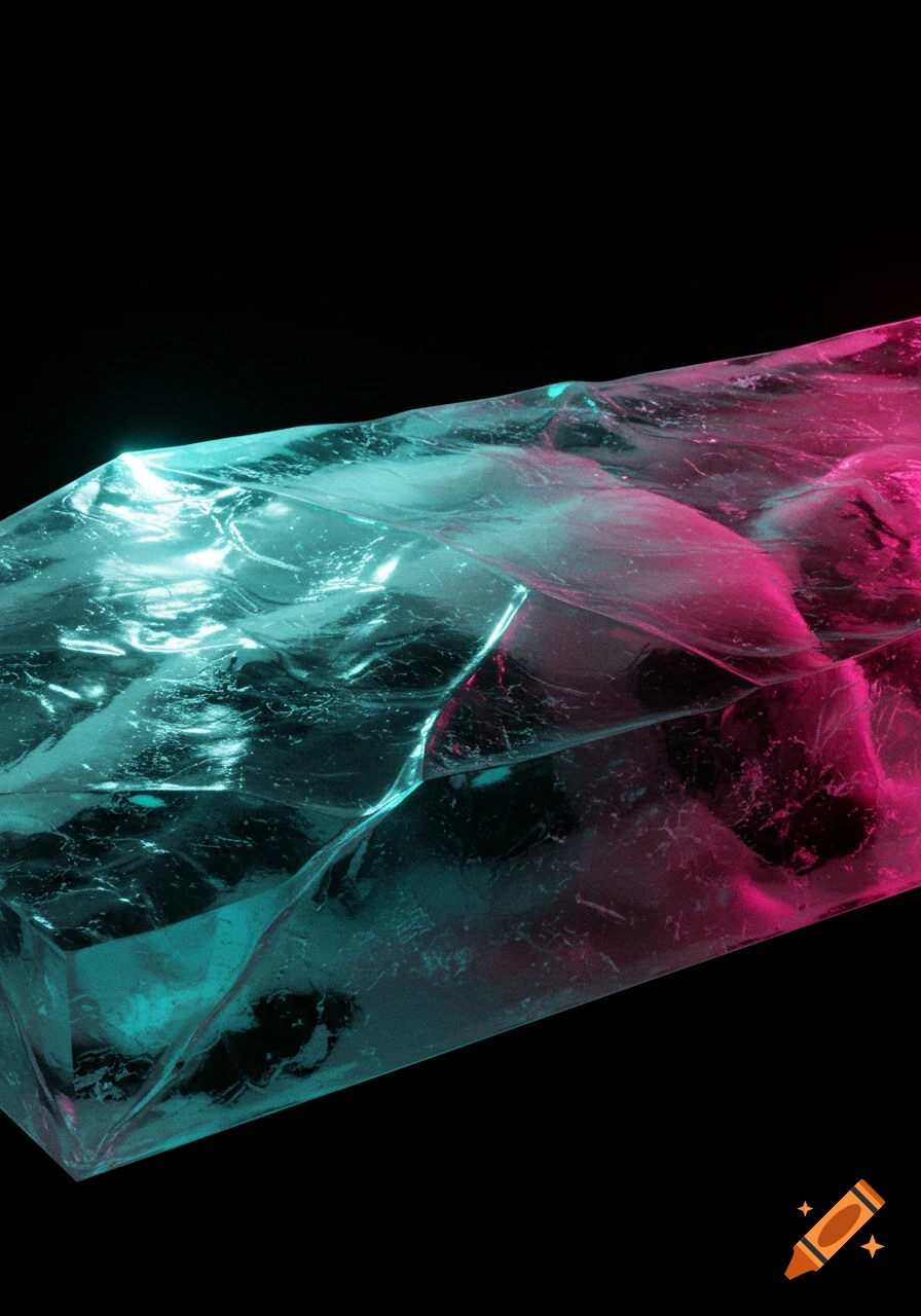 A minimalist image of a block of ice glowing with cyan and magenta light against a black background.