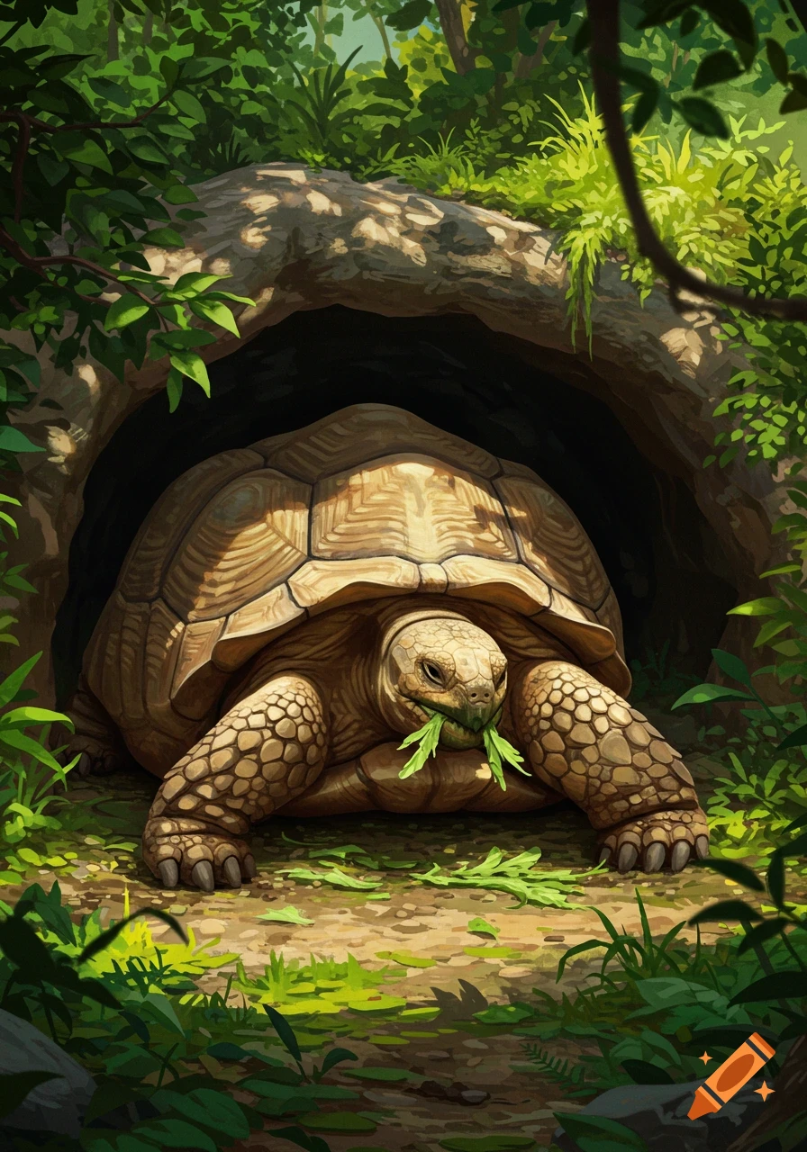 A large tortoise with a brown shell eats green leaves, emerging from a dark cave in a lush, sunlit forest, in an illustrative style.