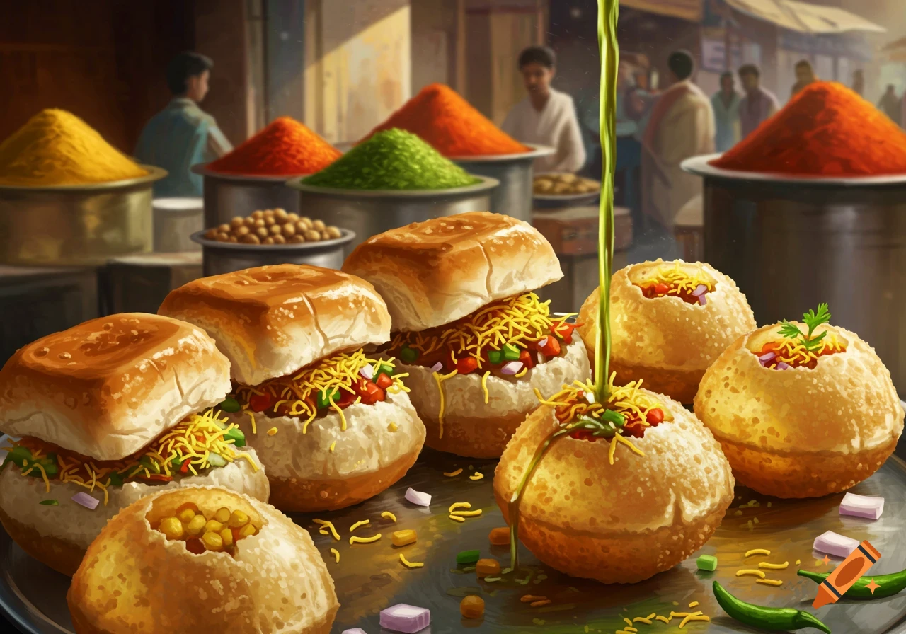 Vibrant close-up of Indian pani puri and vada pav street food, with green liquid pouring into a pani puri, in a market setting.