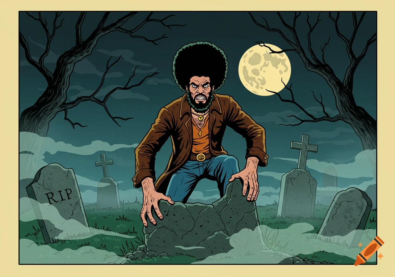 Retro comic illustration of a man with an afro and beard climbing from a grave in a foggy graveyard under a full moon.