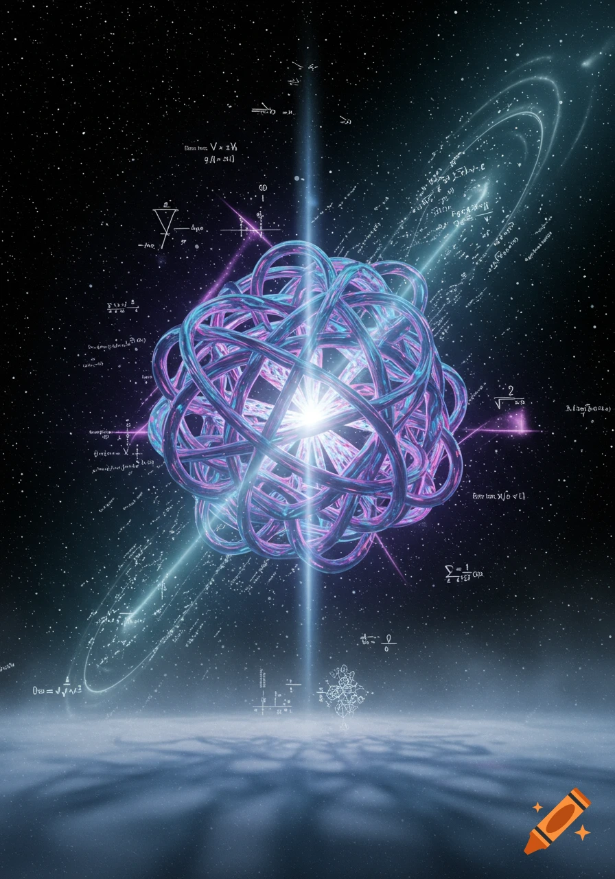 Intricate glowing blue and purple knotted sphere with mathematical formulas, light beams, and stars in cosmic space.