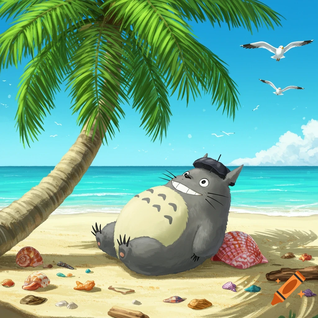 A smiling, grey Totoro wearing a small hat relaxes on a sandy beach under a palm tree. Seashells and driftwood are scattered around, with blue ocean and seagulls in the background.