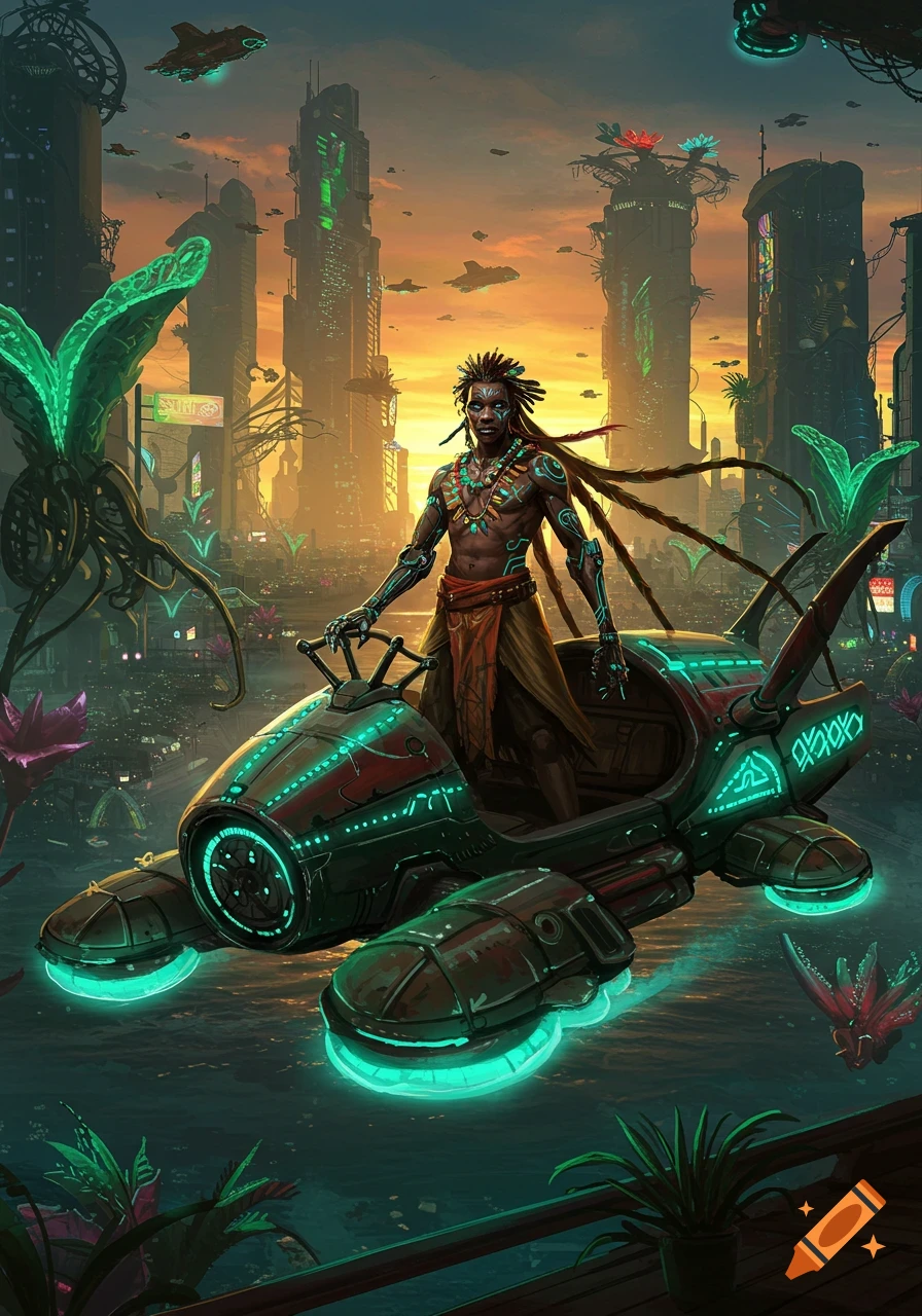 A stylized image of a person with dreadlocks and tribal markings, wearing futuristic armor and traditional clothing, steering a glowing hovercraft through a neon-lit cyberpunk city at sunset.
