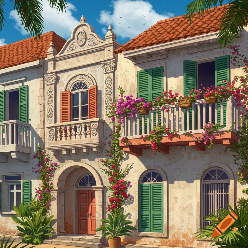 Colorful colonial buildings with green shutters, terracotta roofs, and pink bougainvillea under a blue sky, detailed illustration.