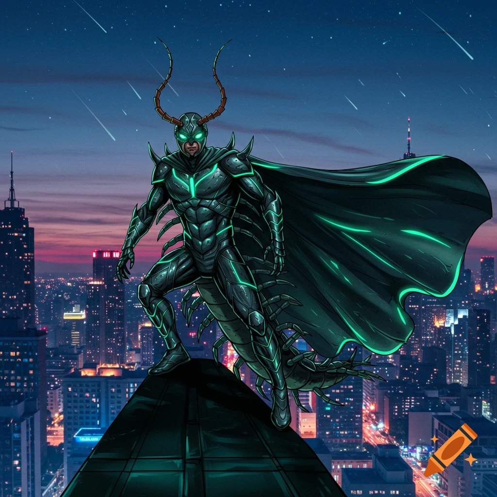 A centipede-themed superhero in a glowing green and black suit and cape, with antennae, stands on a skyscraper rooftop overlooking a vibrant city at night under a starry sky.