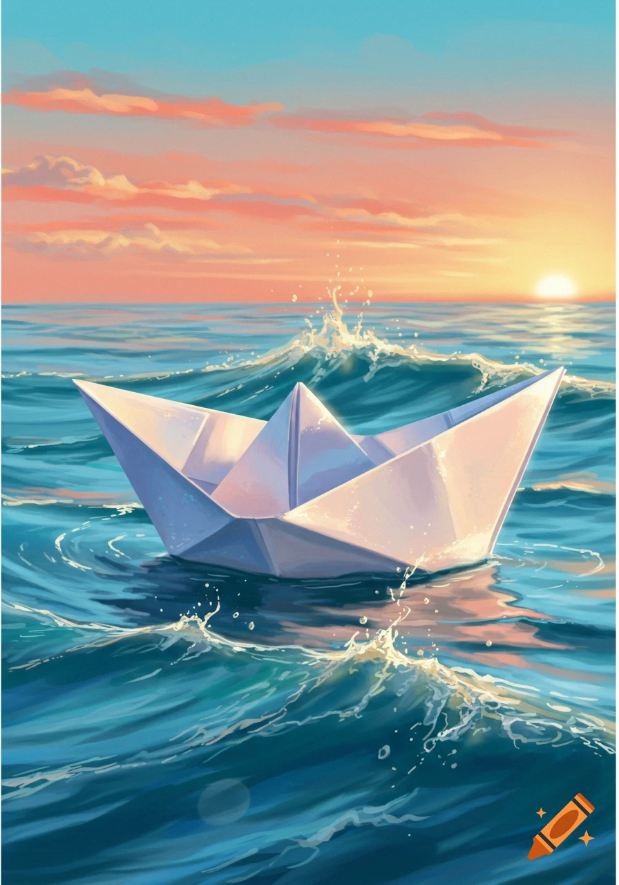An origami paper boat floats on blue ocean waves under a vibrant orange and pink sunset sky, in an illustrative style.