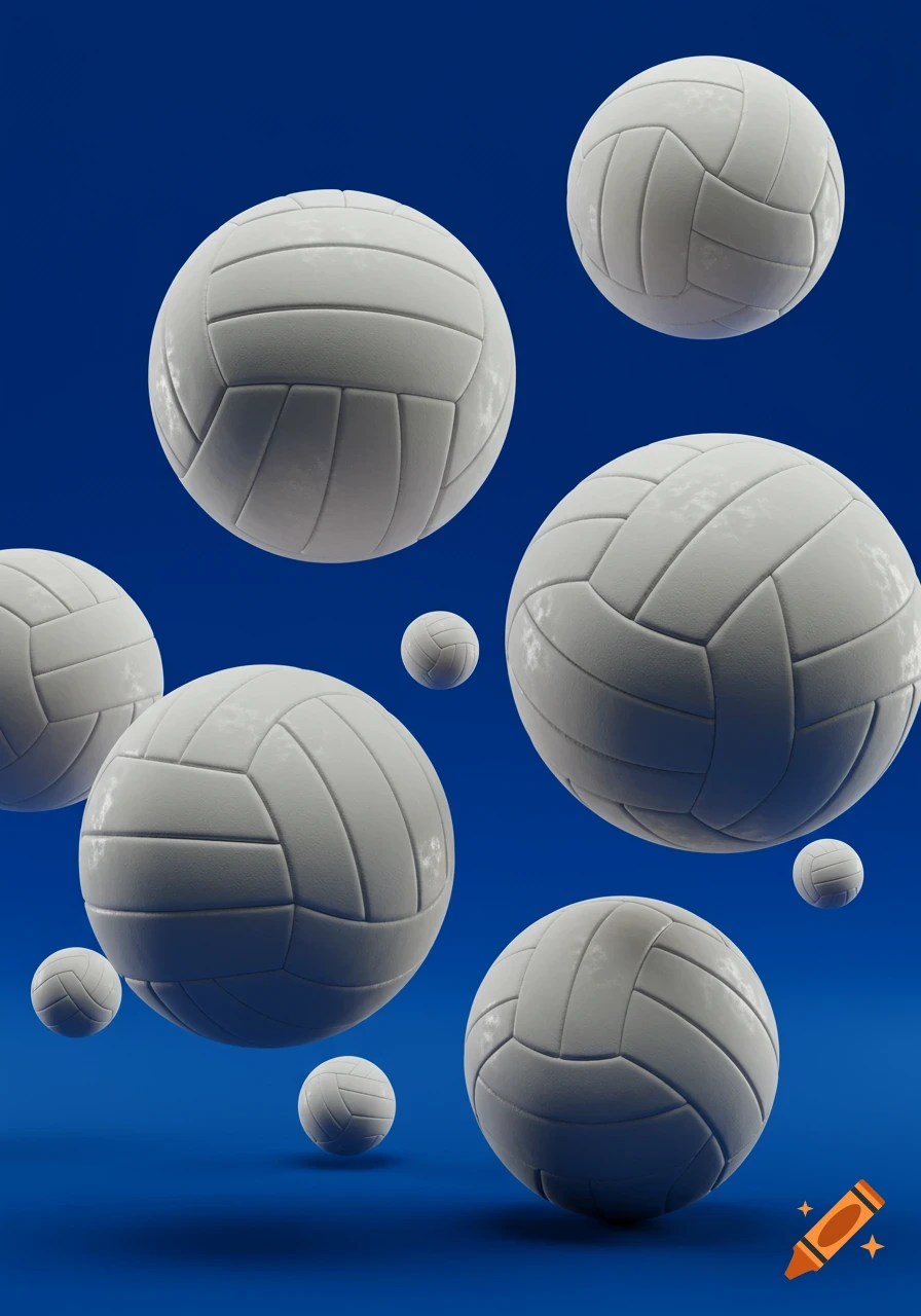 Multiple white volleyballs of various sizes float and rest on a royal blue background, rendered in a clean 3D style.