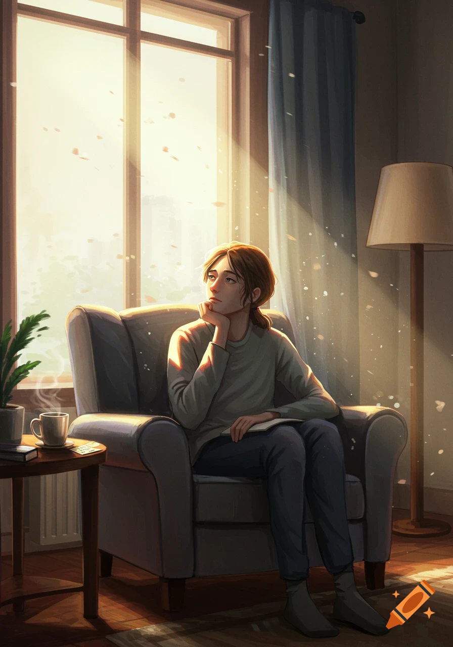 A digital illustration of a person sitting in an armchair by a sunny window, looking contemplative and holding a book.
