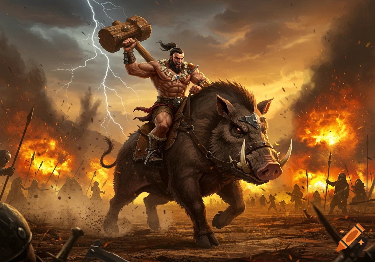 Muscular warrior riding a giant wild boar into battle, wielding a large hammer under a stormy, fiery sky.